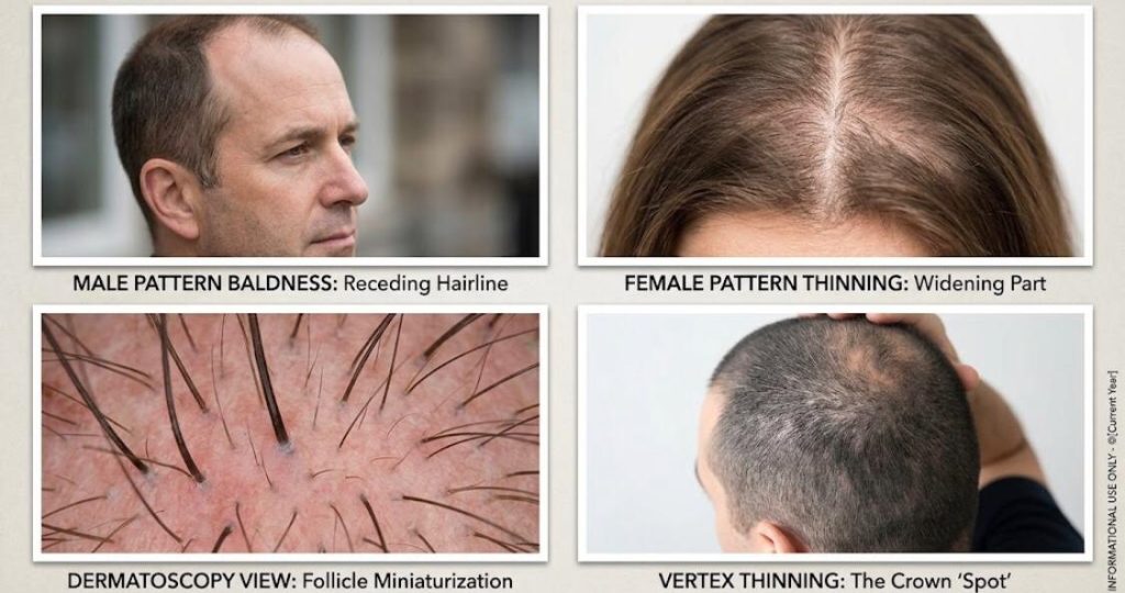 Medical infographic showing four common visual signs of androgenetic alopecia: male pattern hairline recession, female pattern hair part thinning, dermatoscopy view of hair follicle miniaturization, and vertex thinning at the crown