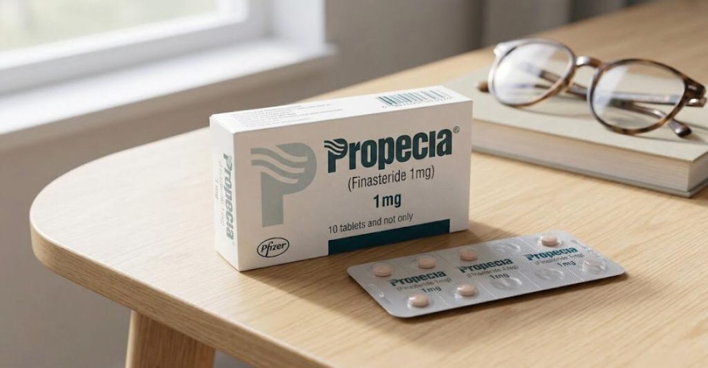 A box of Propecia (Finasteride 1mg) medication for male pattern hair loss treatment, displayed alongside a blister pack of pills on a clean background.