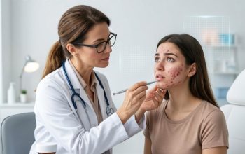 A dermatologist examining a patient's severe acne, with a bottle of Isotretinoin nearby and the text 'Understanding Isotretinoin: The Gold Standard for Severe Acne in 2026' above."