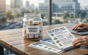 Photo of a jar of generic drugs and informational pamphlets titled "U.S. GENERIC DRUG TARIFFS: WHAT TO KNOW" on a desk overlooking a city.
