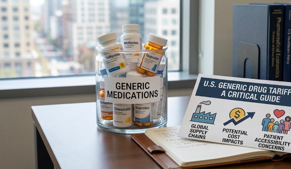 A glass jar labeled "GENERIC MEDICATIONS" filled with various pill bottles, sitting on a desk next to an informational sign titled "U.S. GENERIC DRUG TARIFFS: A CRITICAL GUIDE" with a city view in the background.