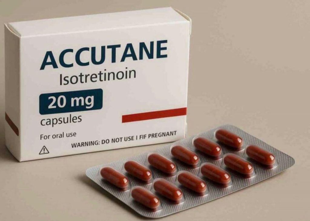 Accutane 20mg capsules and packaging for severe acne treatment.