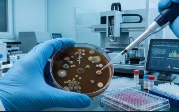 Precision medicine laboratory analyzing beneficial bacteria in a petri dish for antimicrobial stewardship and microbiome integrity, as shown on a monitor displaying genomic pathways.