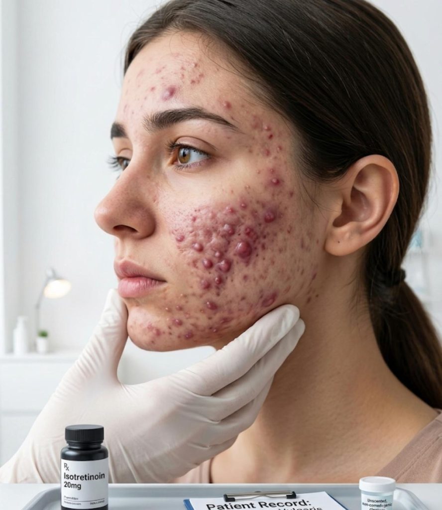 Clinical close-up of a patient's cheek and jawline with severe, inflamed acne (cystic blemishes). Features a doctor's hand examining the skin, and a bottle of Isotretinoin medication in the foreground."