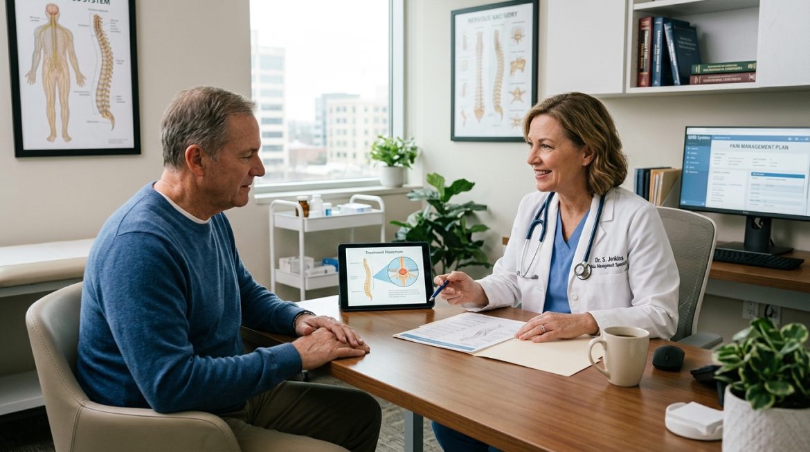 Female doctor in a white lab coat sitting at a wooden desk with a male patient, pointing to a tablet displaying a spinal diagram during a medical consultation.