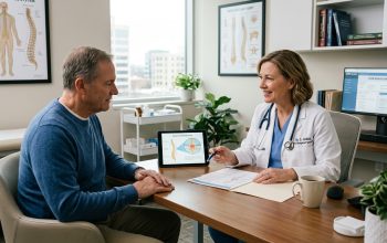 Female doctor in a white lab coat sitting at a wooden desk with a male patient, pointing to a tablet displaying a spinal diagram during a medical consultation.