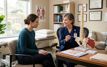 Female doctor demonstrating spinal anatomy with a model to a patient in a medical consultation room