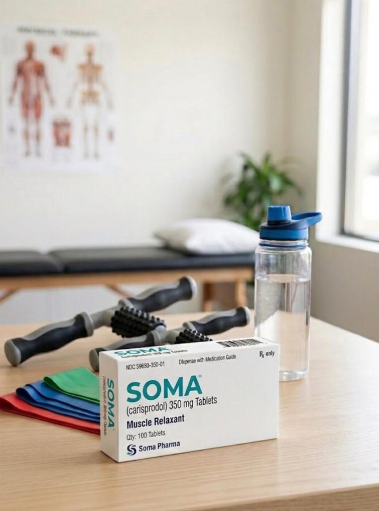 A close-up photograph on a wooden table inside a bright physical therapy clinic, displaying a set of red, blue, and green resistance bands, a t-shaped massage roller with ergonomic handles, a black massage ball, and a clear water bottle with a blue cap. In the background, a treatment table with a pillow and a skeletal anatomy poster are softly blurred.