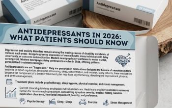 White prescription pill boxes labeled 'Antidepressant' next to colorful medication tablets and icons for mental health, sleep, exercise, and stress management.