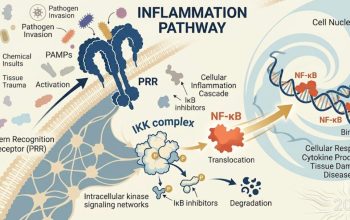 A simplified diagram of the cellular inflammation pathway showing PRR receptor activation, IKK complex signaling, and NF-kB translocation into the cell nucleus.