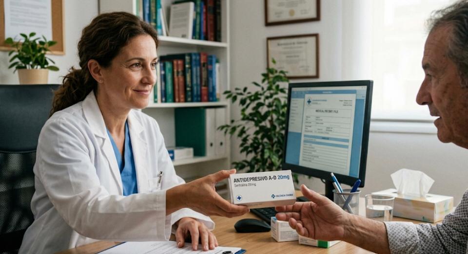 A female doctor in a white coat hands a box of "ANTIDEPRESIVO A-D 20mg" medication to an older male patient at a desk, during a medical consultation in a sunlit office. The patient is reaching to accept it. The doctor has a kind expression. On the desk are a clipboard, a computer displaying a record, a tissue box, and other medical items. Bookshelves and framed certificates are in the background.
