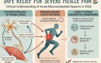 Medical illustration depicting safe relief for severe muscle pain, showing acute musculoskeletal spasms, nerve interaction, and clinical diagnostic framework.