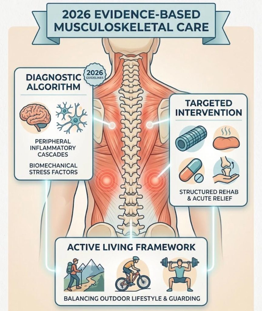 An anatomical diagram of spinal muscles with panels on diagnostics, interventions like foam rolling and rehab, and an active living framework for outdoor activities and exercise, titled '2026 Evidence-Based Musculoskeletal Care