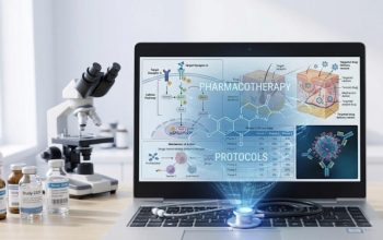 Laptop displaying complex medical diagrams, pharmacological efficacy charts, targeted drug delivery mechanisms, and molecular pathways, with a stethoscope on the keyboard and a microscope in the background.