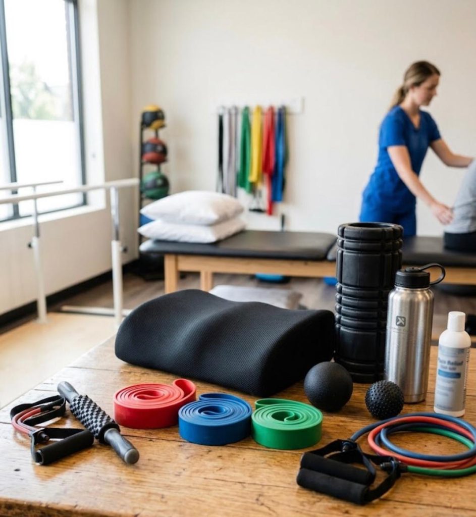 A close up photograph on a wooden table inside a bright physical therapy clinic, displaying a set of red, blue, and green resistance bands, a t-shaped massage roller with ergonomic handles, a black massage ball, and a clear water bottle with a blue cap. In the background, a treatment table with a pillow and a skeletal anatomy poster are softly blurred.