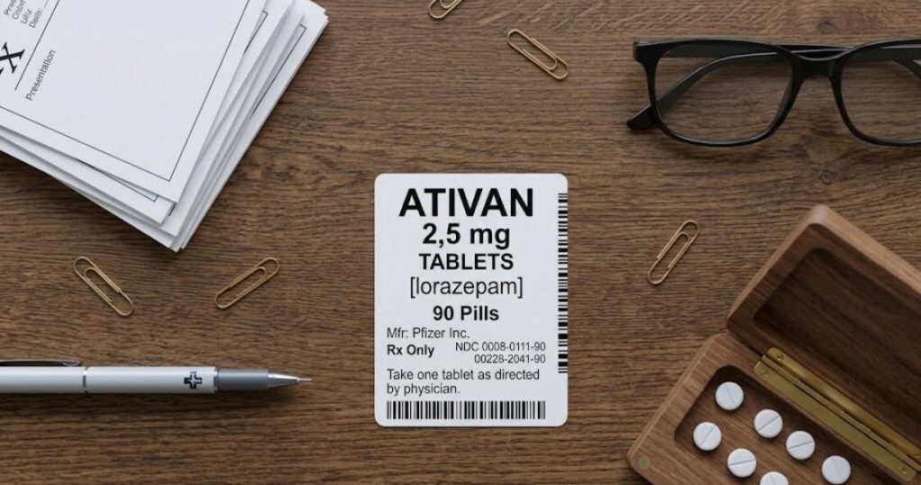 An overhead view of an Ativan 2.5 mg tablet bottle on a wooden desk with glasses, a pen, and papers.