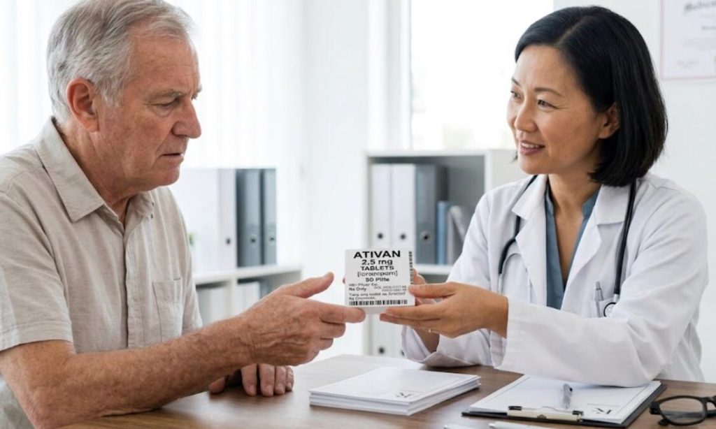 A female doctor hands a medication box labeled Ativan 2.5 mg to an elderly male patient in a medical clinic.