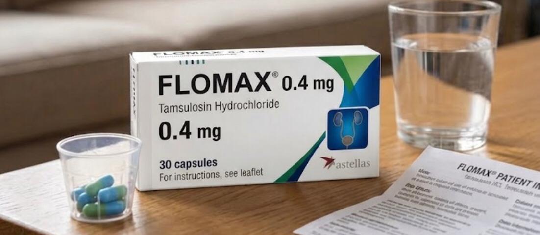 A close-up photograph of a box of Flomax 0.4 mg tablets, a glass of water, a medical pill cup with blue and green pills, and a patient information leaflet on a wooden coffee table in a living room.