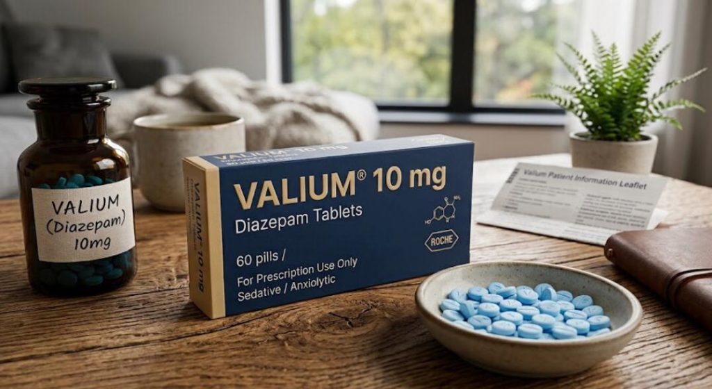 A packaging box of Valium 10mg Diazepam tablets (60 pills) on a wooden table, with blue pills in a small dish and an amber glass bottle beside it.