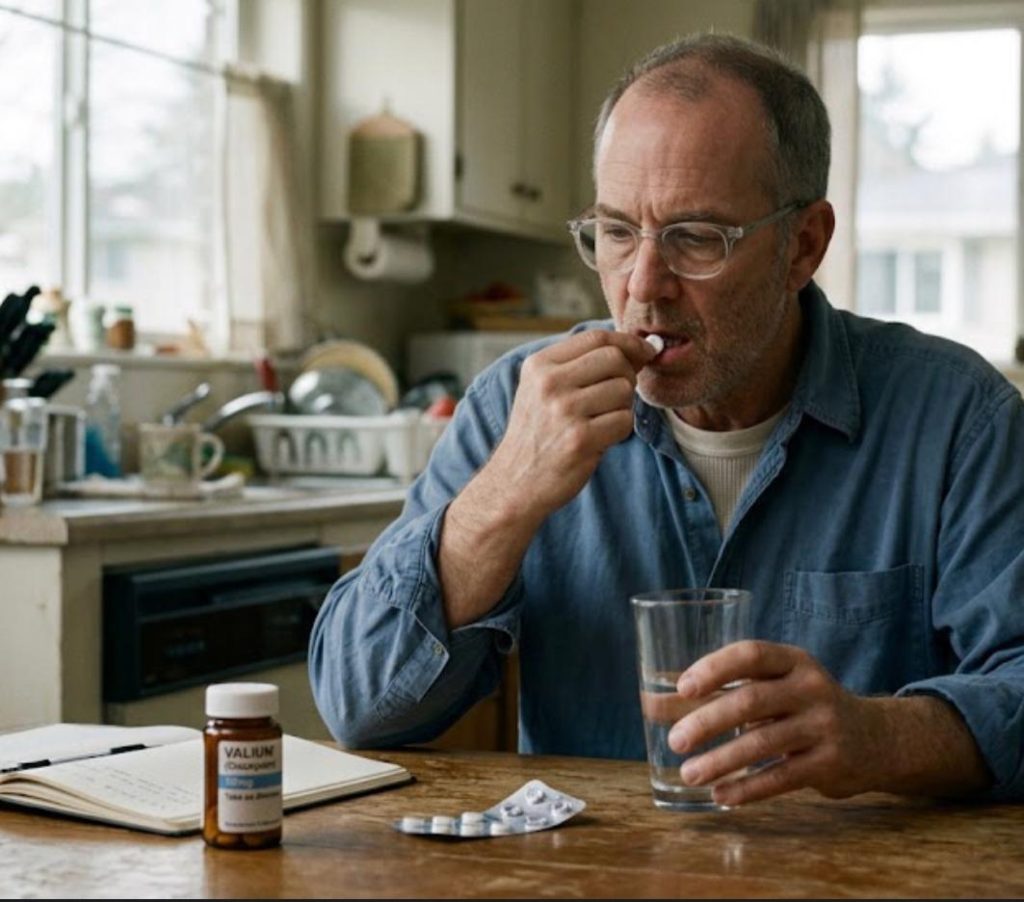 An older American man with glasses and a tired expression taking a Valium 10mg 60 pill with a glass of water at a kitchen table.