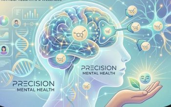 Medical infographic illustrating precision mental health and modern antidepressant therapies, showing brain neurobiology,